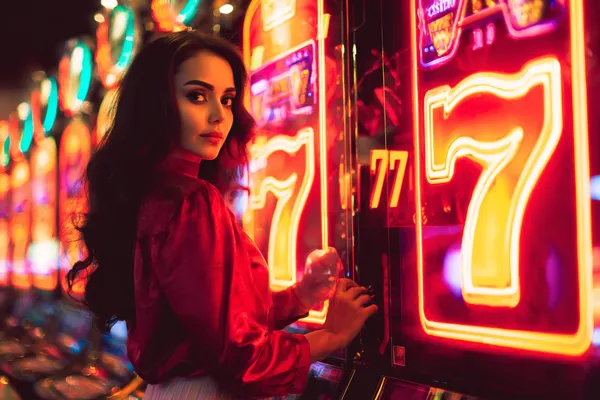 A young woman relaxing with her phone while dynamic casino elements float around her, illustrating the smooth mobile experience offered by the BD9 app.